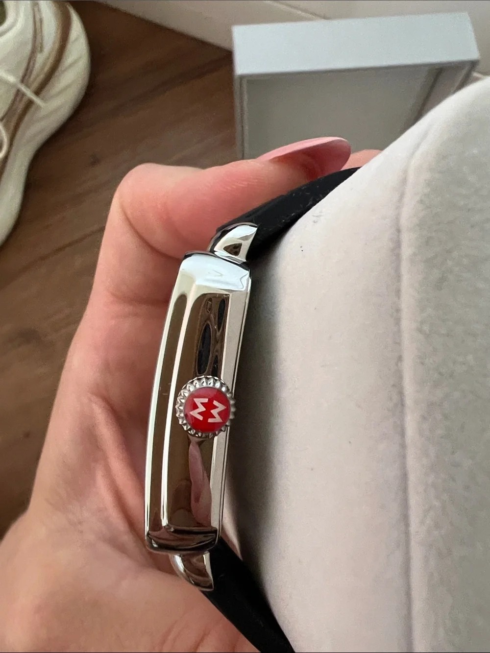 Michele Silver Square Case Watch with Black Strap